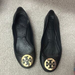 Tory Burch Black Leather Flats with Gold Emblem